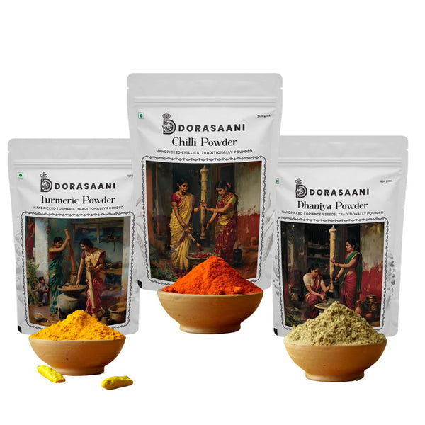 Combo Pack of 3 Chilli Powder 500gms, Turmeric Powder 250gms and Dhaniya Powder 250gms